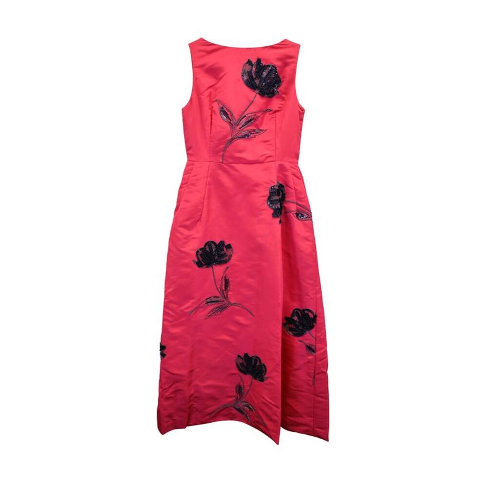 Oscar de la Renta Floral Embellished Sleeveless Dress in Red Silk